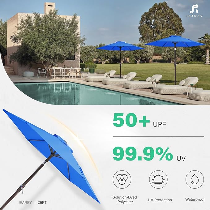JEAREY 7.5FT Patio Umbrella Outdoor Market Umbrella with 6 Sturdy Ribs, Push Button Tilt/Crank Table Umbrella for Garden, Deck, Backyard and Pool, Royal Blue