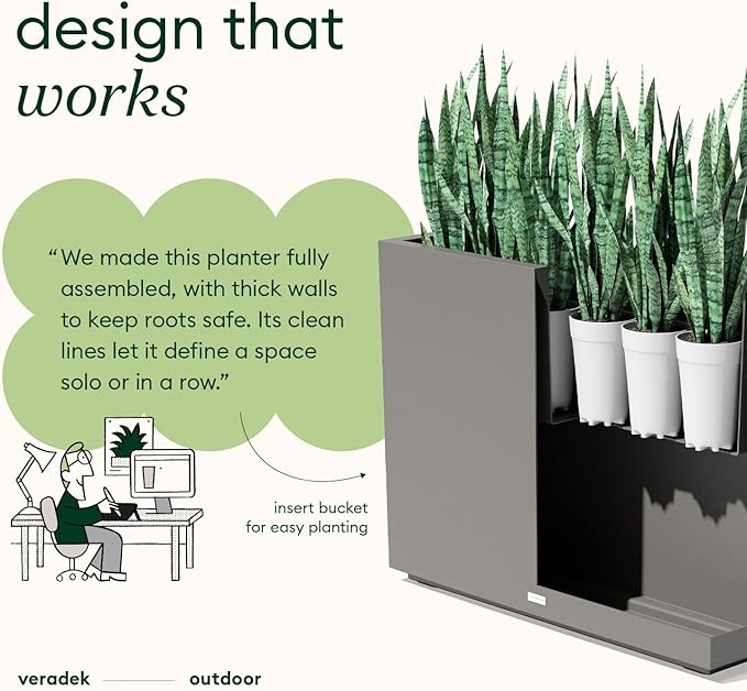 Veradek Block Series Span Plastic Planter - Tall Rectangular Planter for Indoor or Outdoor Patio/Porch | Durable All-Weather with Removable Insert Bucket | Modern Design for Plants, Flowers, Garden