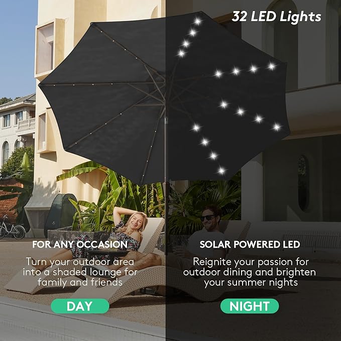JEAREY 9FT Outdoor Patio Umbrella with Solar Lights, LED Lighted Pool Umbrella with Tilt and Crank, Outdoor Table Umbrellas for Deck, Yard & Market (Jet Black)