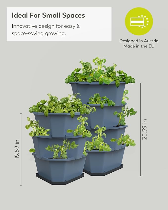 BUZZY Seeds Starter Stackable Vertical Planter – 4-Level Raised Garden Tower for Potatoes, Strawberries, Vegetables & Flowers (Gray)