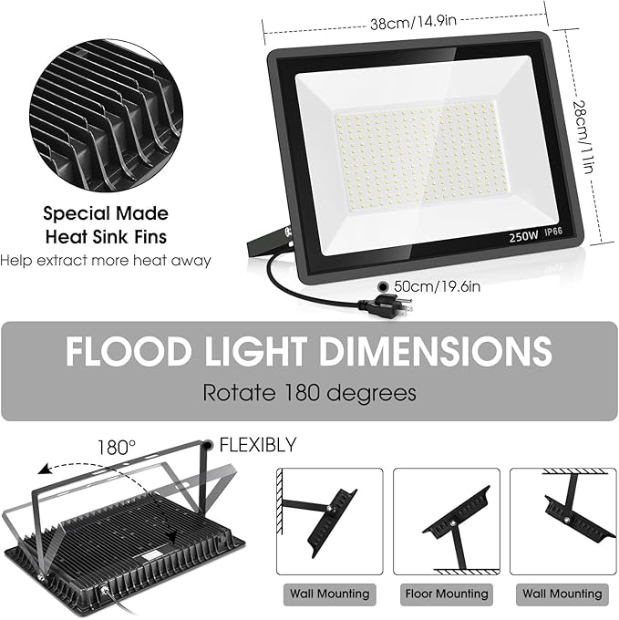 2 Pack 250W Led Flood Lights Outdoor,Super Bright 37000LM Security Lights with Plug,Exterior IP66 Waterproof 5000K Daylight White FloodLight for Basketball Court, Yard, Garden,Parking lot etc