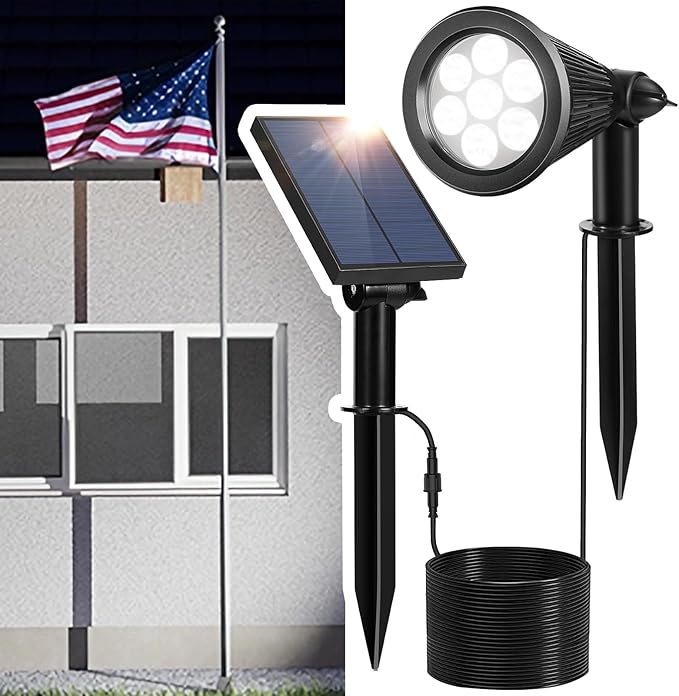 Solar Spotlight Outdoor, Spot Light with Separate Solar Panel ＆ 24.6ft Long Waterproof Cable, Bright 7-LED Ground Flag Pole Light, Dusk-to-Dawn Landscape Lighting for Flag, House, Tree, Garden (White)