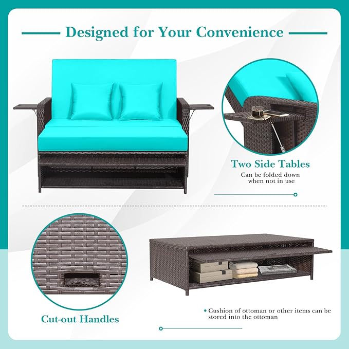 Nightcore Wicker Patio Outdoor Daybed, Outdoor Chaise Lounger w/ 4-Level Adjustable Backrest, Retractable Side Trays, Storage Ottoman, Comfortable & Removable Cushions, Rattan Loveseat (Turquoise)