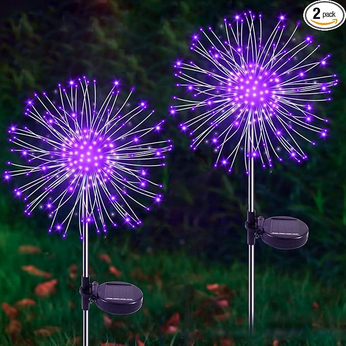 Solar Garden Lights Outdoor, 2 Pack 120 LED Twinkling Firework Lights Decorative with 2 Modes, Outdoor Waterproof Solar Starburst Light for Outside Yard Pathway Garden Decor, Purple
