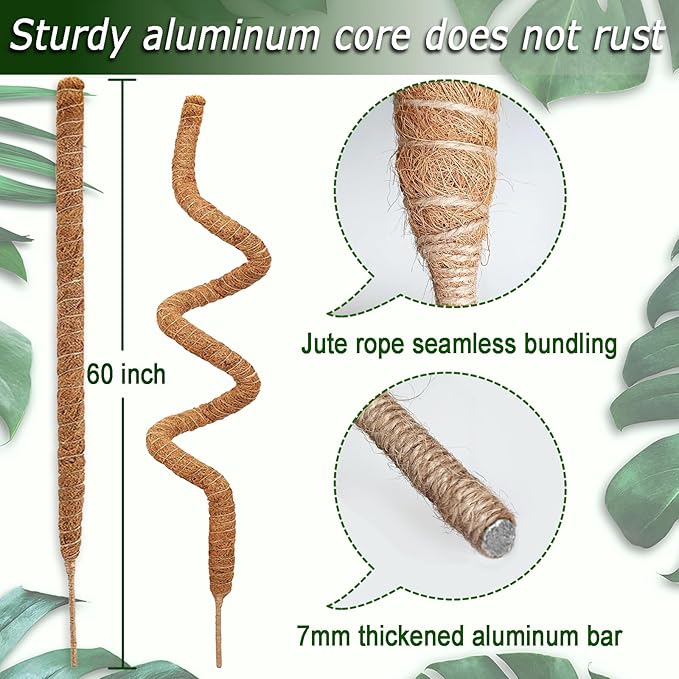 Soupiar 2 Pack 60'' Bendable Moss Pole for Monstera & Pothos - Tall Handmade Coco Coir Plant Support Stakes for Large Climbing Indoor Plants, Potted Houseplant Trellis Accessories