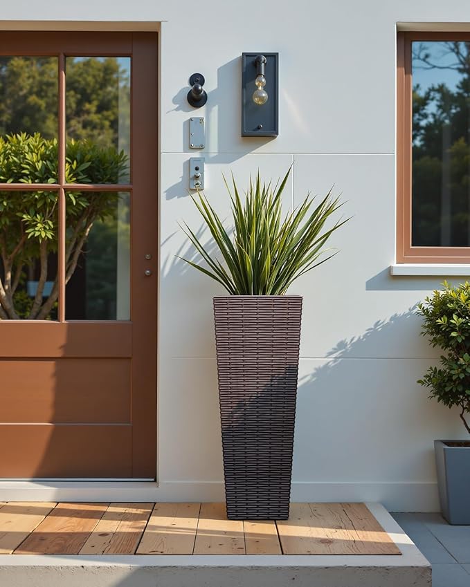 Greesum 24 Inch Tall Plastic Planters (Set of 2), Detachable Inner Pot & Drainage Holes, Outdoor Decorative Flower Pots for Large Plants, Trees, Patio, and Garden, Brown