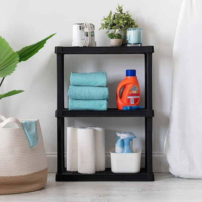 IRIS USA 3-Shelf Light Duty Plastic Storage Shelves, 150lb Capacity, 33" H x 24" W x 12" D, Medium Modular Shelving Unit Storage Organizer for Bathroom, Laundry, Garage & Home, Storage Rack - Black