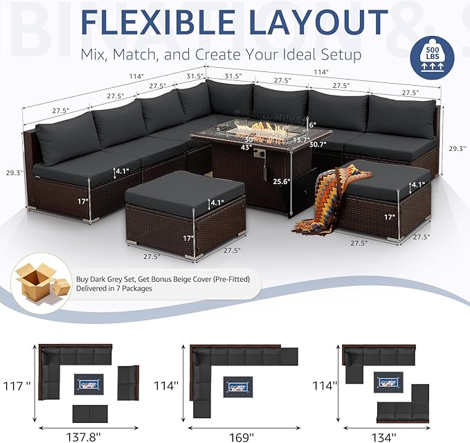 NICESOUL 10 Piece Outdoor Patio Furniture Set with Fire Pit Natural Gas/Propane, 29.3'' High-Back XL Big Size Wicker Sectional Sets, Deep Wide Sofa Couch for Outside, Brown Rattan and Grey Cushion