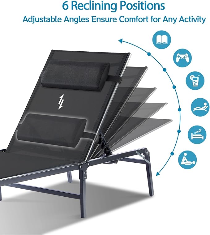 2 Pack Foldable Chaise Lounge Chair with Cup Holder, Assemble-Free Outdoor Lounge Chair with Detachable Pillow and 6 Adjustable Backrest, Patio Lounge Chair for Outside Poolside Beach Pool, Black