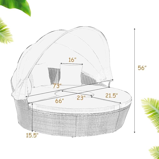 Tangkula Patio Round Daybed with Retractable Canopy, Outdoor Wicker Rattan Furniture Sets, Sectional Cushioned Sofa Set w/Height Adjustable Coffee Table, Rattan Conversation Sets (Beige)