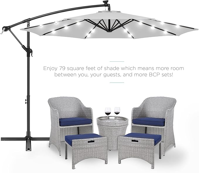 Best Choice Products 10ft Solar LED Offset Cantilever Hanging Market Patio Umbrella, 8 Sturdy Ribs, Easy Adjustment - Fog Gray