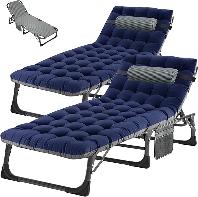 ABORON 2PK Heavy Duty Tanning Chair, 5-Gear Outdoor Folding Chaise Lounge Chair with Cushion,Portable Beach Lounge Chair for Outdoor Sunbathing Patio Pool Lawn Deck Poolside, Royal Blue-2pc