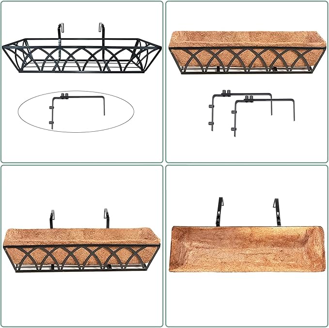 6pcs 24 Inch Window Deck with Coco Liner, 24" Window Boxes Horse Trough with Coconut Coir Liner, Metal Hanging Flower Planter Window Basket Deck Railing Planter Boxes for Outdoor Indoor Lawn