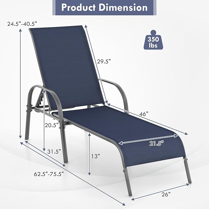 Giantex 2 Pack Patio Lounge Chair, Outdoor Chaise Lounge with 5 Adjustable Backrest, Sturdy Steel Frame, Sunbathing Recliner, Beach Chair, Tanning Chair for Outside, Yard, Balcony, Pool Chairs, Navy