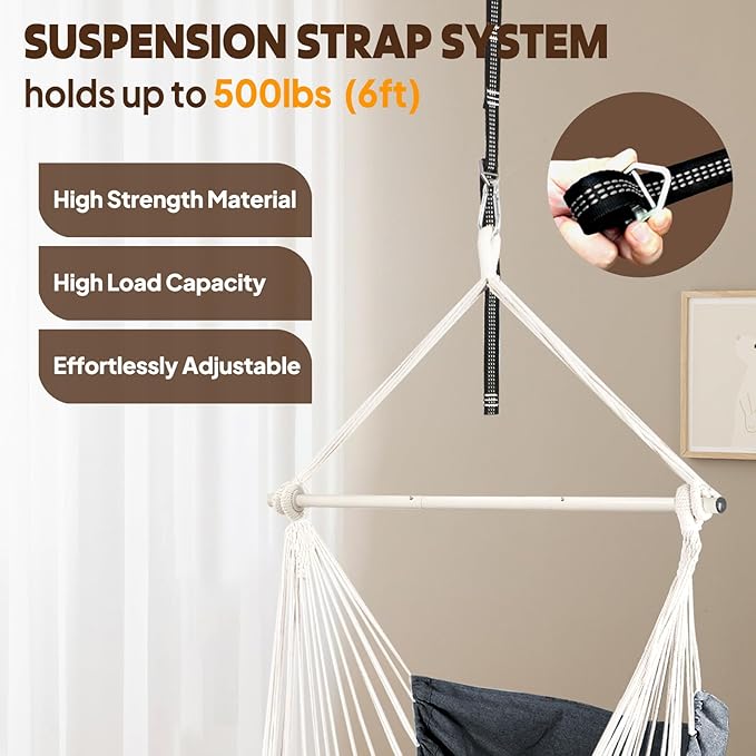 Chihee Hammock Chair 4.9ft x 3.9ft Max 500 Lbs Widen Hanging Swing 2 Cushions Included Metal Spreader Bar with Anti-Slip Grooves Portable Comfy Hanging Chair Side Pocket Bohemian Chair Indoor Outdoor
