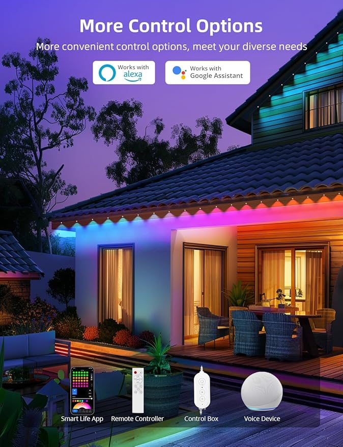 APPECK Permanent Outdoor Lights 50ft with 36 RGBW LEDs, 111 Scene Modes, Eaves Lights with 40lm Warm White, for Daily Holiday House Decor, App/Voice/Remote Control, White