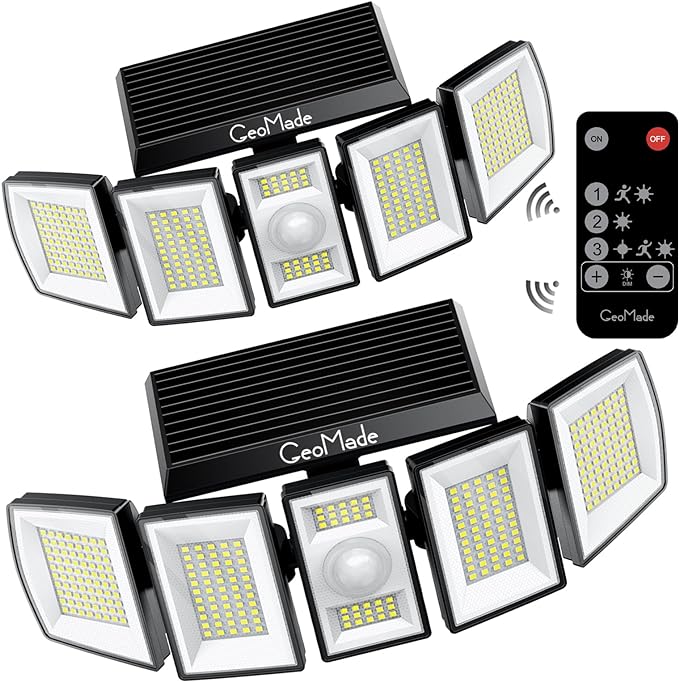 Solar Outdoor Lights, Flood Light Motion Sensor & Dusk to Dawn, Solar Spotlights Outdoor Waterproof, 300 Security LED & Remote Control, 5 Head 270°, Spot lamp for Wall Backyard, 2 Pack