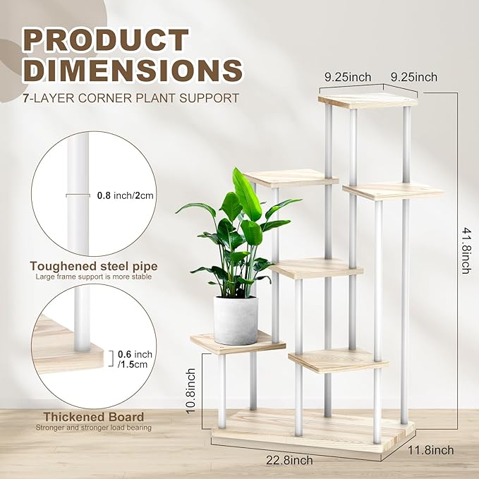 7 Tier Plant Stand Indoor, Thickened Metal Wood Corner Plant Shelf Stands for Multiple Plants, Indoor Tall Plants Stand Tiered Flower Holder for Living Room Patio Garden Balcony(White+Oak)
