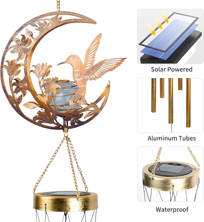 Moon Hummingbird Wind Chime Outdoor, Handcrafted Metal Garden Wind Chimes with Hummingbird Charms, Melodic Wind Bells for Patio Porch Decor, Weatherproof Gift for Nature Lovers & Bird Watchers