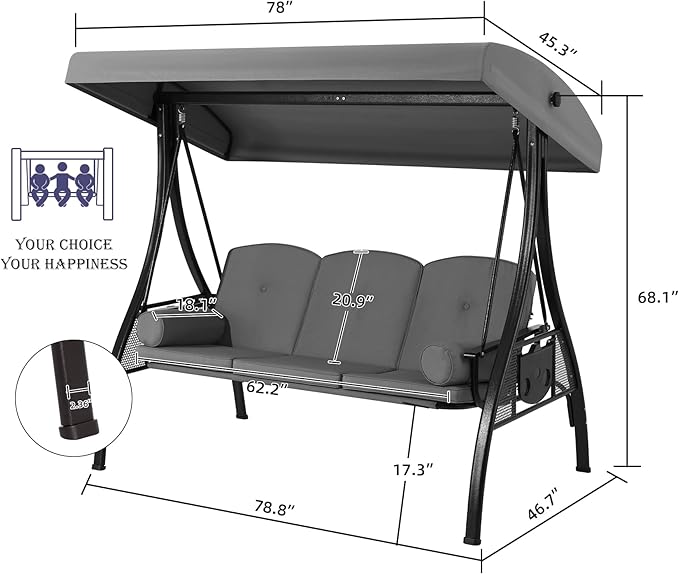 HOMREST 3 Seat Outdoor Porch Swing with 1.5" Deepened Cup Holder, Adjustable Canopy, Patio Swing Bed with Stand, Patio Glider Swing with Thicken Cushions, Pillow for Yard, Garden(Grey)