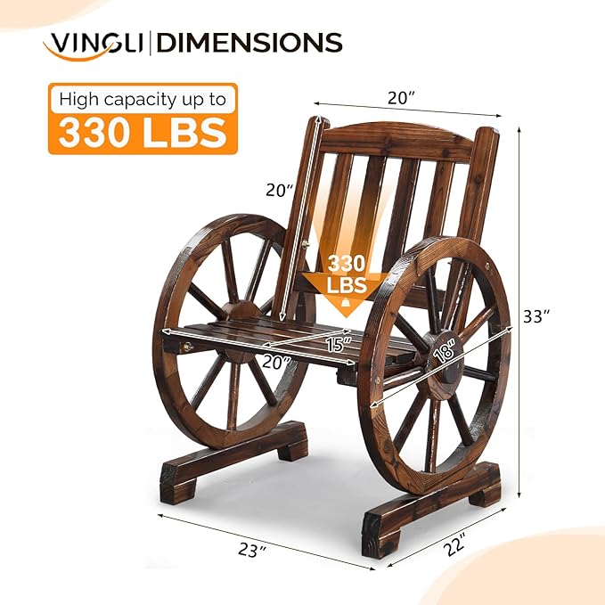 VINGLI Rustic Wooden Patio Chair with Wagon Wheel Armrests, Outdoor Dining Chairs Solid Wood Frame Seating for Farmhouse Garden Porch Lawn Balcony (Rustic, Chair)