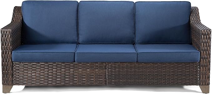 Joyside Patio Sofa - 3 Seater Rattan Sofa, All Weather High Back Sofa, Upgraded Large Size with 4inch Seat Cushions for Backyard, Garden, Poolside (Brown/Blue)