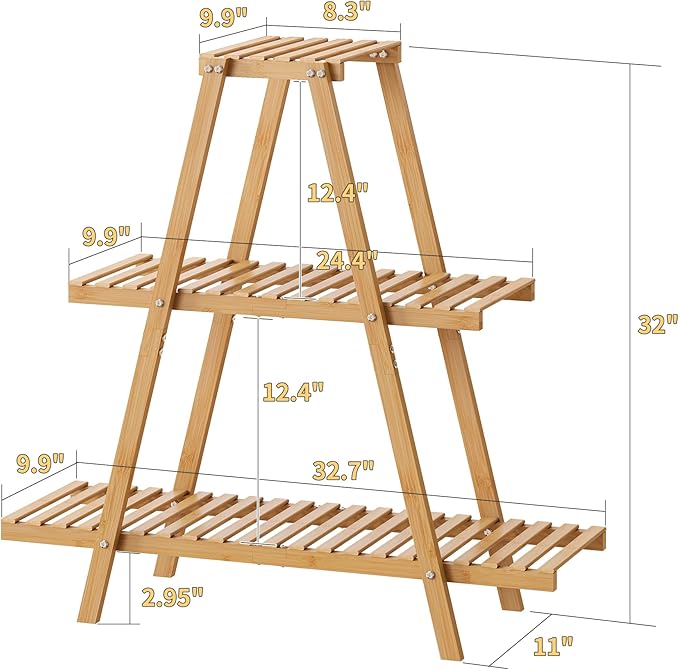 Bamboo Plant Stand - Indoor/Outdoor 3 Tier Plant Ladder, 8 Potted Flower Holder, Natural