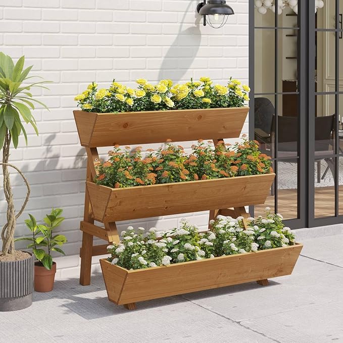 3-Tiers Wooden Raised Garden Bed Tiered Planter Box Flower Pots Vertical Garden Planter Wood Plant Stand for Vegetables Flowers Herbs for Patio, Balcony, Freestanding (Brown L)