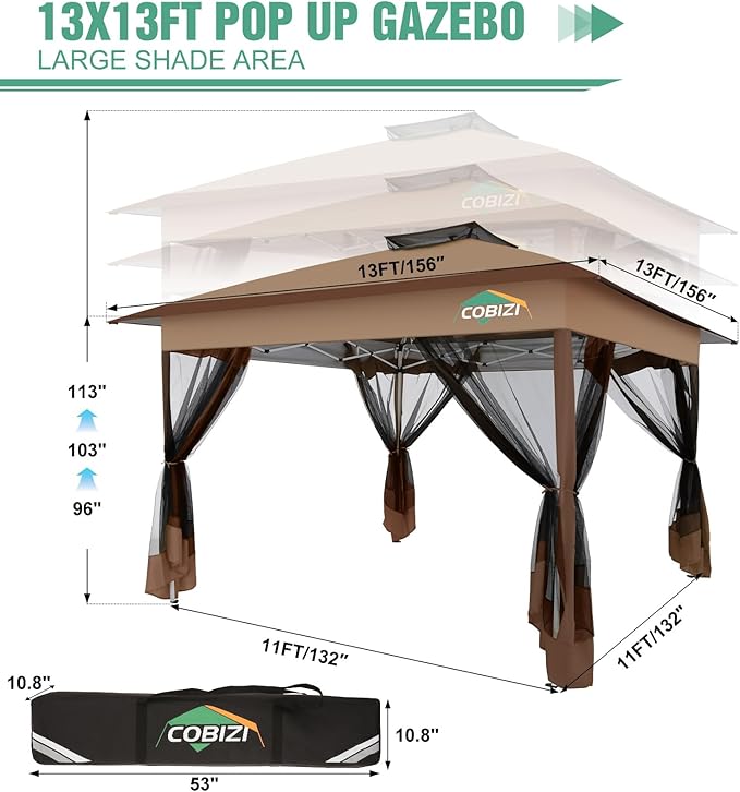 COBIZI 13x13 Pop Up Gazebos On Clearance Canopy Tent- Upgrade Metal Outdoor Canopy Waterproof - Portable Gazebo with Mosquito Nettings, 4 Ropes 8 Stakes and Carry Bag for Patio Garden(Brown)