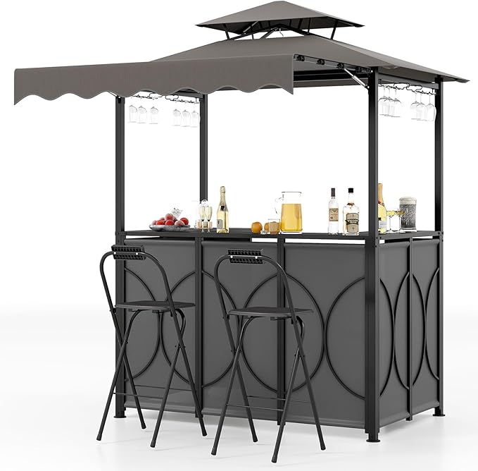 Tangkula 3 Piece Patio Bar Set, Grill Gazebo & 2 Foldable Bar Stools with Awning, Metal Storage Shelves, Glass Holders, Double-Tier Outdoor Shelter for Patio Poolside Garden Backyard (Gray)