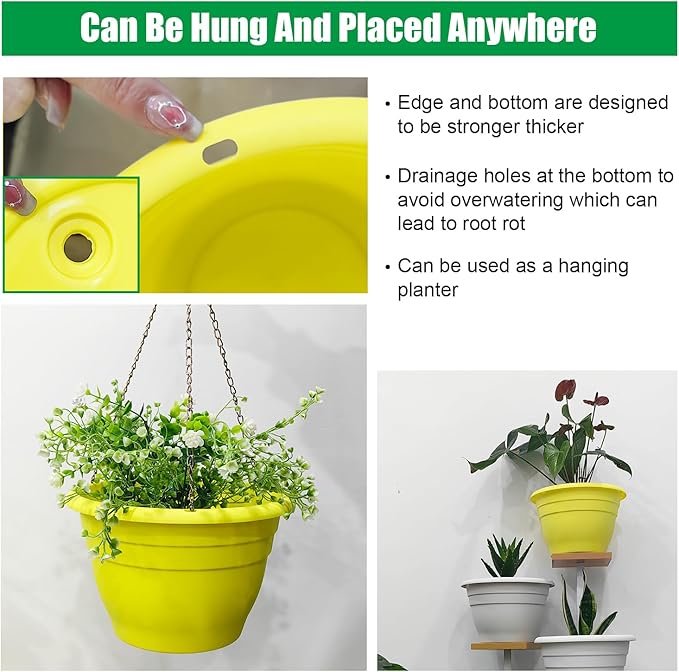 10 Inch Plant Pots Set of 5,Lightweight Plastic Planters with Drainage Holes & Plugs,Durable Plant Containers for Indoor Outdoor Houseplants,Flowers,Patio & Garden(Yellow)
