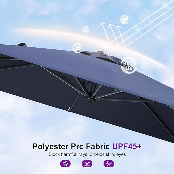 PURPLE LEAF 8' X 8' Patio Umbrella with Wheeled Base for Pool 7' High Offset Outdoor Cantilever Umbrella Swimming Pool Umbrella with 360°Rotation for Poolside Navy Blue