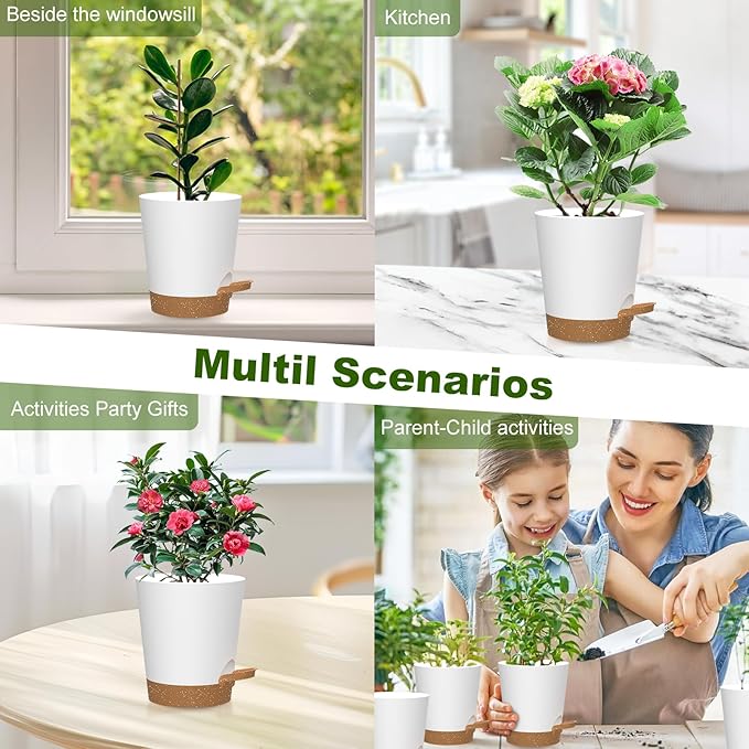 Self Watering Pots, 4 inch Flower Pots with Multi Mesh Drainage Holes, Small Platic Planters for Indoor Outdoor Garden Plants and Flowers (Whtie with Brown Tray, 4")