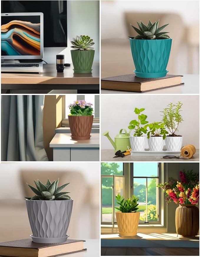 6 Inch Plant Pots, 6 Pack Indoor Flower Pots, Planters with Drainage Holes and Trays for Orchids, Violets, Succulents, Herbs, and Other Plants,Corolful