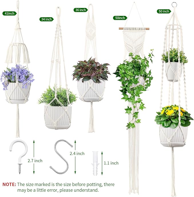 Macrame Plant Hangers, 5Pack Hanging Planters for Indoor Plants w/ 5 Set Hooks Handmade Cotton Rope Hanging Plant Holders Plant Hanger Indoor for Boho Home Decor (Planter Pot Not Included)