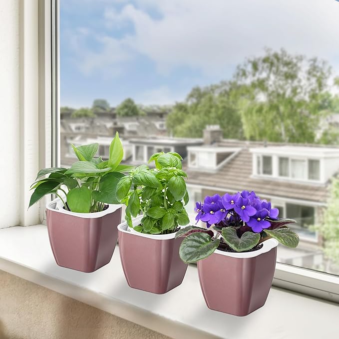 8 Pack Self Watering Pots 4-inch Decorative Flower Planters for Indoor Plants Modern Square planters for Small Plants Window Sill Planters for Succulents, African Violets, Herbs(Rose Gold)
