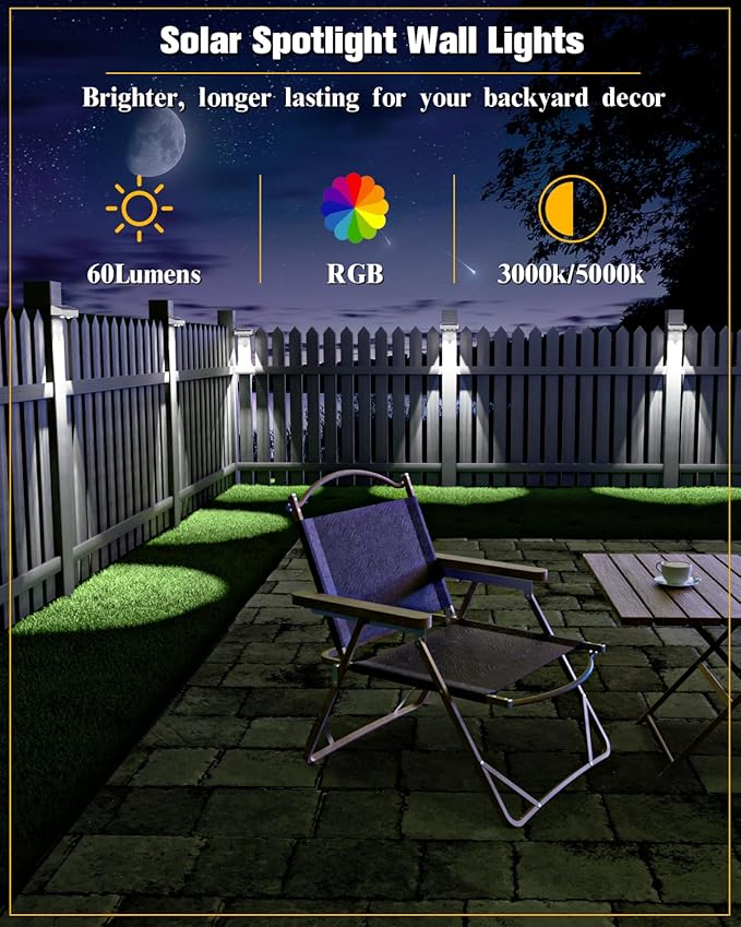 Solar Fence Lights 8 Pack, 50 Lumens Outdoor Fence Solar Lights with 12 Modes RGB Color Glow LED Solar Lights Outdoor Waterproof for Patio, Backyard, Deck, Fence, Railing. （White Shell）