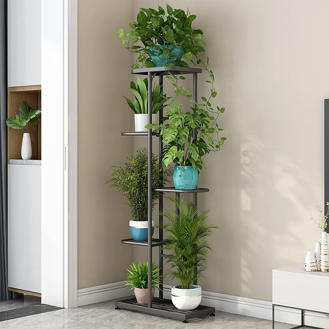 LINZINAR Plant Stand Indoor Outdoor Metal 5 Tier 6 Potted Multiple Flower Pot Holder Shelf Planter Display Shelving Unit for Patio Garden Corner Balcony Living Room (5 Tier 6 Potted, Dark Grey)