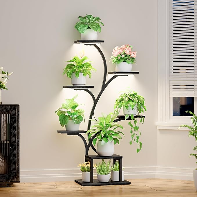 Plant Stand Indoor with Grow Lights, 7 Tiered Indoor Plant Shelf, 49" Corner Plant Stands for Indoor Plants, Metal Plant Flower Display Shelf, Tree-Shaped Plant Rack for Home, Black