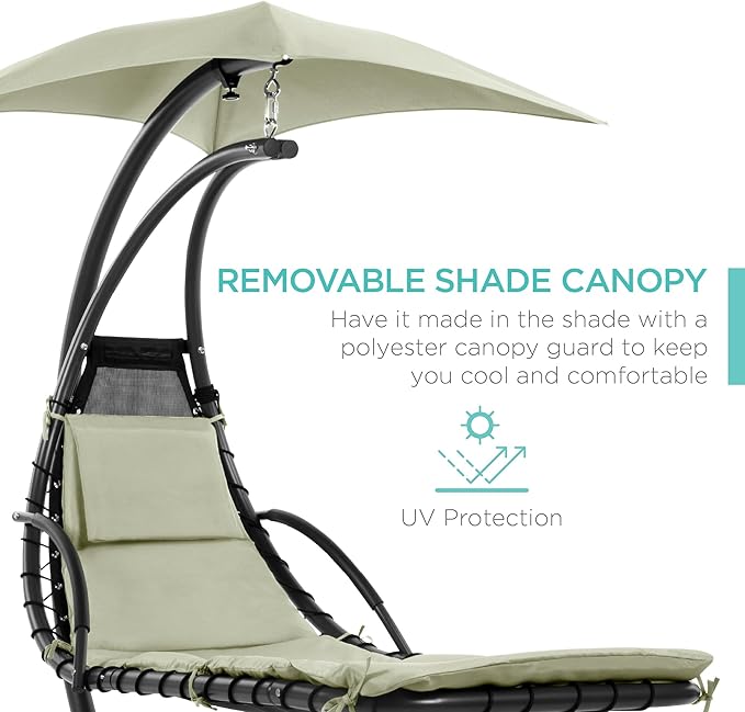 Best Choice Products Outdoor Hanging Curved Steel Chaise Lounge Chair Swing w/Built-in Pillow and Removable Canopy - Sage