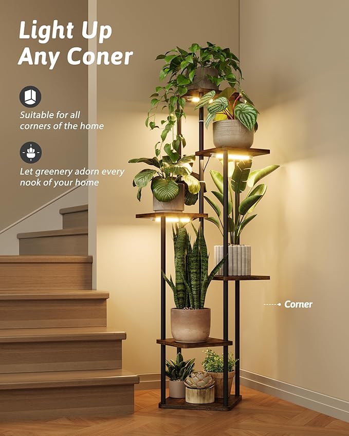 Corner Plant Stand Indoor 6 tiered plant shelf for Multiple Plants tall plant holder plant table metal shelving for Living Room Bedroom Balcony Patio Brown Oak with Light