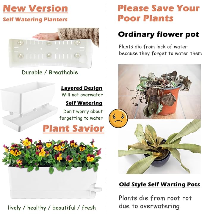 2 Pack Self Watering Pots for Indoor Plants 17 Inches Window Boxes Planters Rectangular Flower Pots Rectangle Herb Pots Large Plant Pots with Drainage Holes and Saucers Windowsill Planter, White