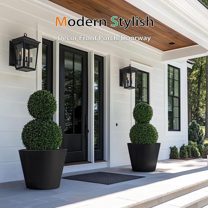 Wide Planters for Outdoor Plants, Extra Large Indoor Flower Pots for Garden, Front Porch, Patio - Round Resin Planter Set of 2 (Black, 16 inch - 2 Pack)