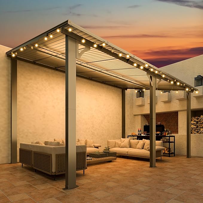 AECOJOY 14' x 8' Gazebo Outdoor Pergola for Patio, 8x14 Hard Top Lean to Gazebo Shelter Pergolas and Gazebos Clearance with Patio Roof, Large Wall-Mounted Heavy Duty Awnings for Decks, Backyard