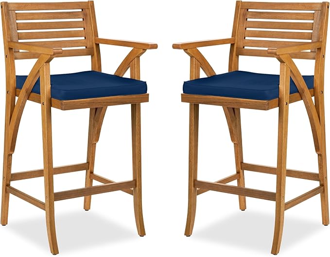 Best Choice Products Set of 2 Outdoor Acacia Wood Bar Stools Bar Chairs for Patio, Pool, Garden w/Weather-Resistant Cushions - Navy
