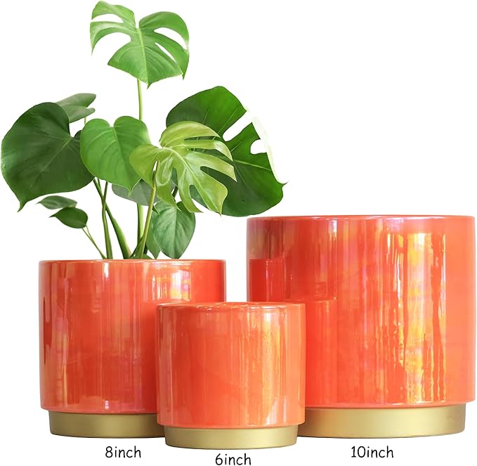 Gepege Peach Indoor Plant Pots for Plants, Large Ceramic Planter with Drainage Hole, 9.6-inch Succulent Orchid Flower Pot - Rainbow Pearl Glaze