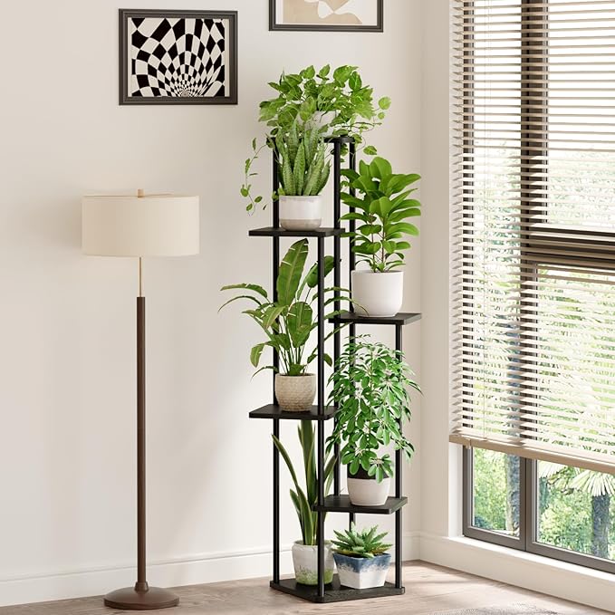 Bamworld Tall Plant Stand Indoor 6 Tier Plant Holder for Multiple Plants Corner Shelf Stand for Patio Garden Balcony Living Room Bedroom Dark Brown
