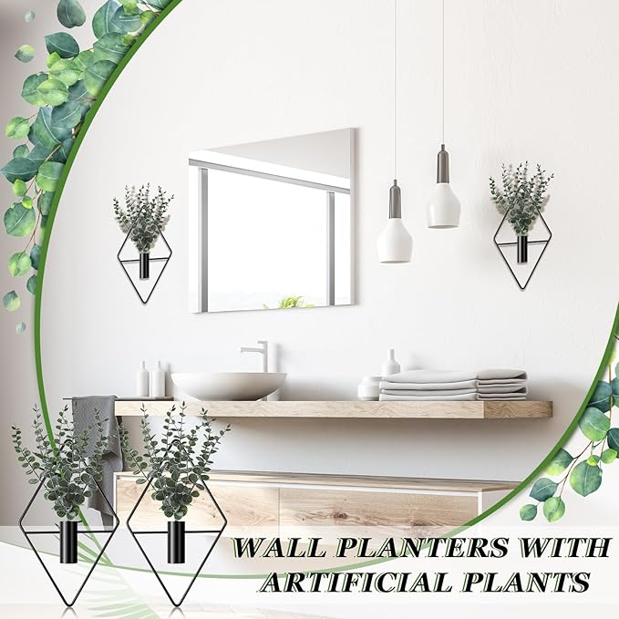 Jexine 4 Pcs Hanging Planters with Artificial Eucalyptus Metal Hanging Vase Indoor Plants Holder Modern Geometric Boho Bathroom Wall Decor for Living Room Home Office(Black)