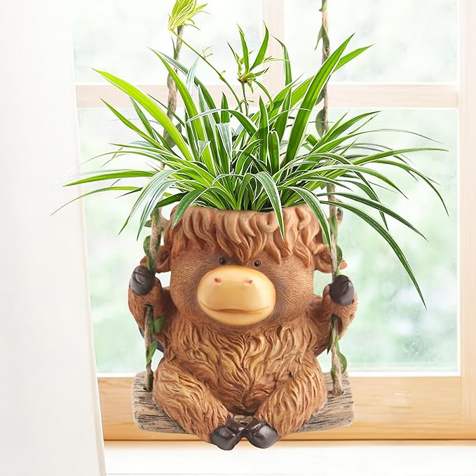 Swing Highland Cow Hanging Planters for Indoor Plants, Cute Small Planter Pot for Indoor Outdoor Plants, Succulent Pots with Drainage Hole, Unique Funny Hanging Plant Flower Pot, Gift Ideas