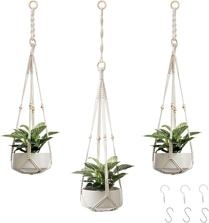 CADNLY Macrame Plant Hangers Indoor – Rope Hanging Plant Holder with Extender - Boho Hanging Planters Indoor - White Macrame Hanger Outdoor Flower Pot Holder from Ceiling Wall 3 Pack 6 Hooks